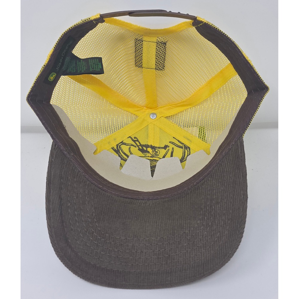 John Deere Trucker Hat Brown Corduroy Yellow Mesh Patch Snapback Cap NWT - Picture 8 of 10